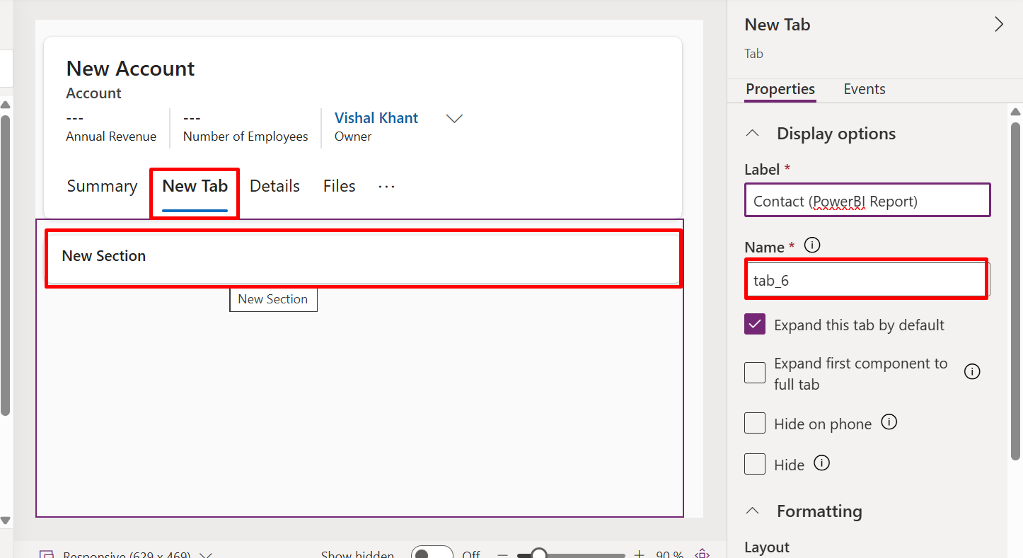 The Account main form in the form designer with a new tab added, its Properties pane showing Label 