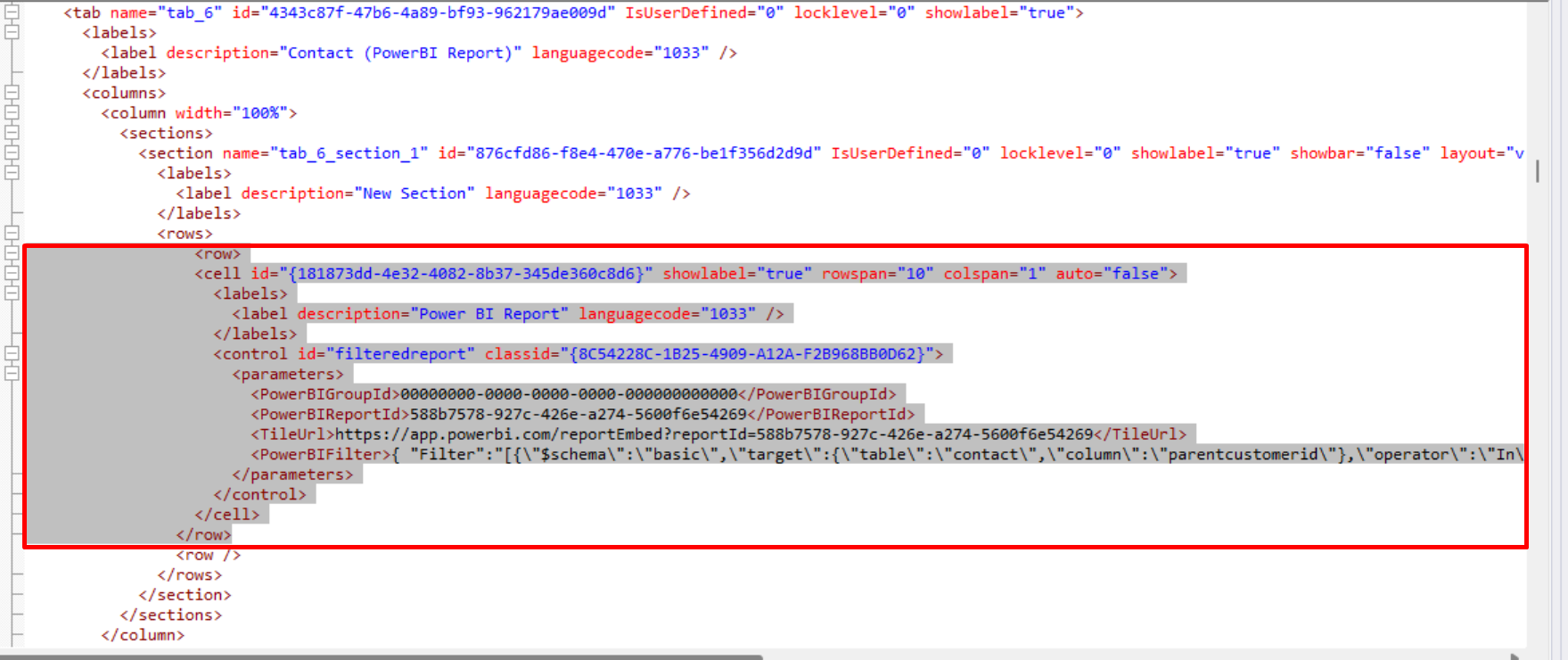 XrmToolBox FormXML Editor showing the added row with the filteredreport control and its PowerBI parameters highlighted