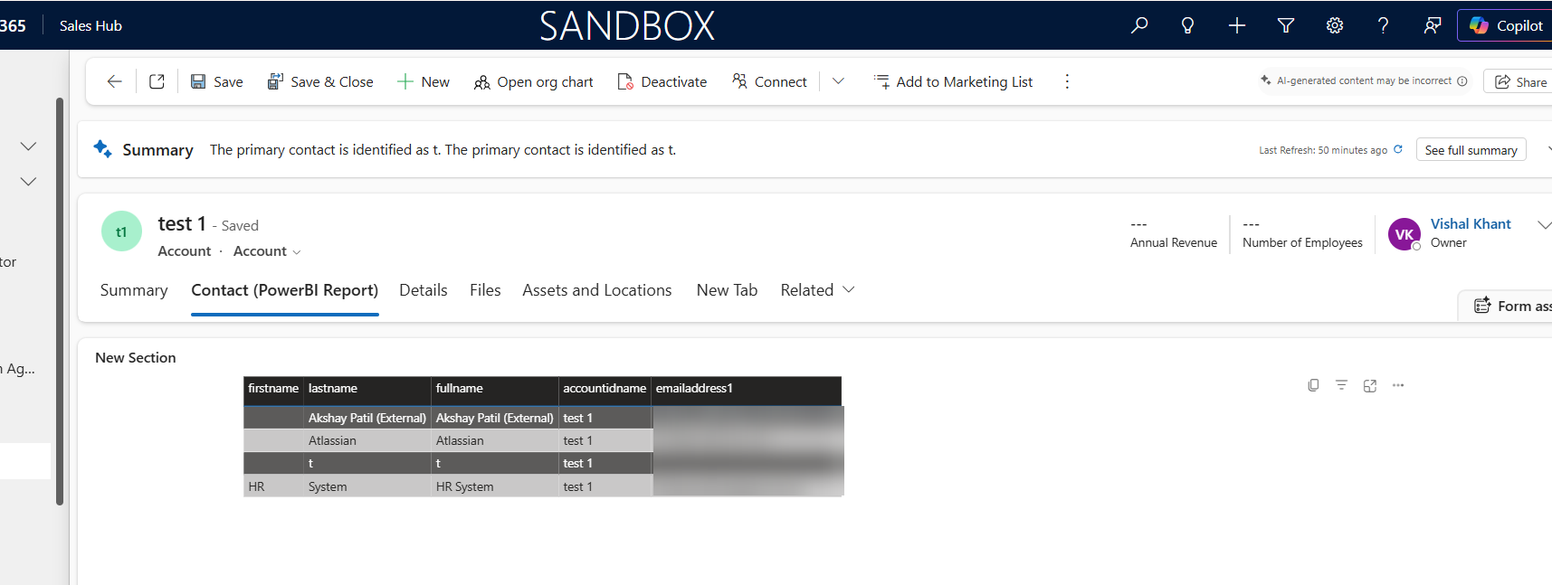 The Account form with a Contact (PowerBI Report) tab showing a Power BI report filtered to contacts of the current account