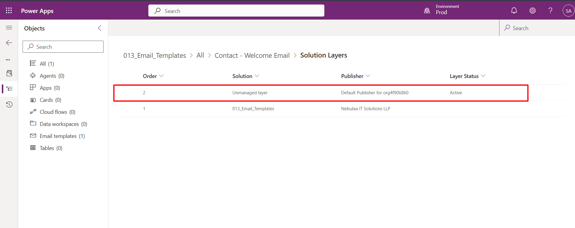 Solution Layers view showing managed and unmanaged layers