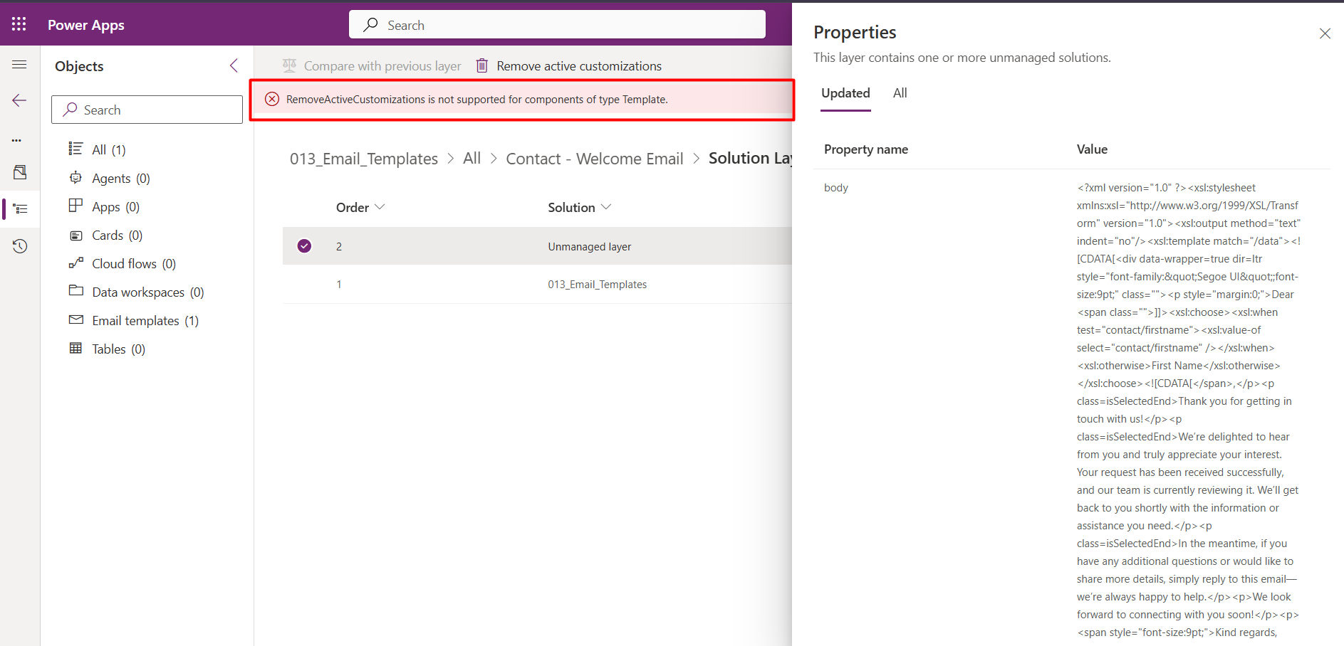 Error shown when using Remove Active Customization on an Email Template