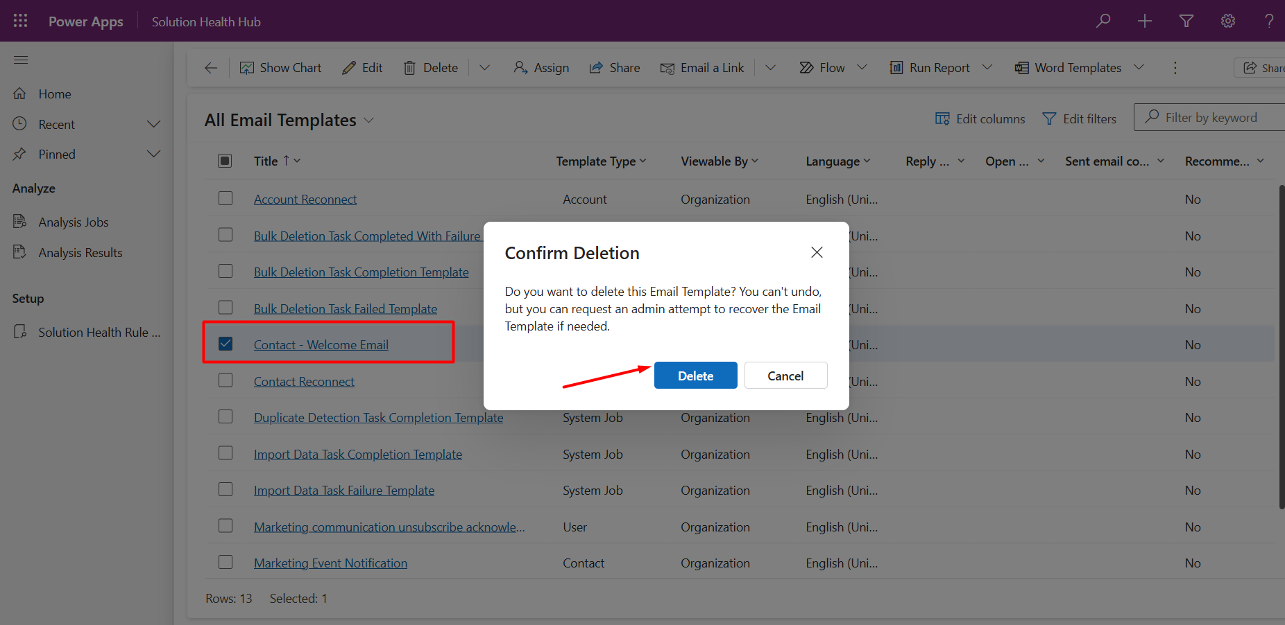 Deleting the Email Template record