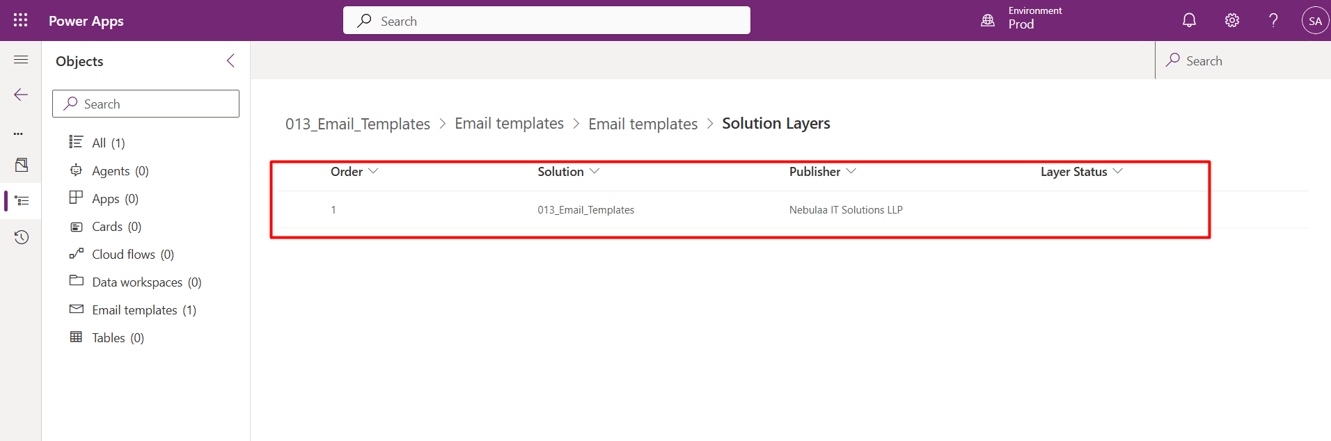 Solution Layers view showing only the managed layer after re-import