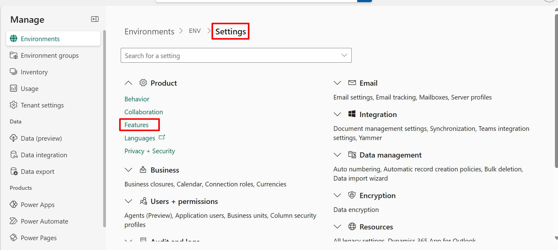 Power Platform admin center showing Environments, DEV, Settings, with the Product section expanded and Features highlighted