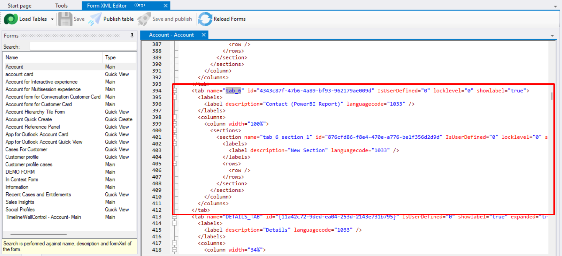 XrmToolBox FormXML Editor with the Account form open, showing the tab_6 tab element and its tab_6_section_1 section highlighted